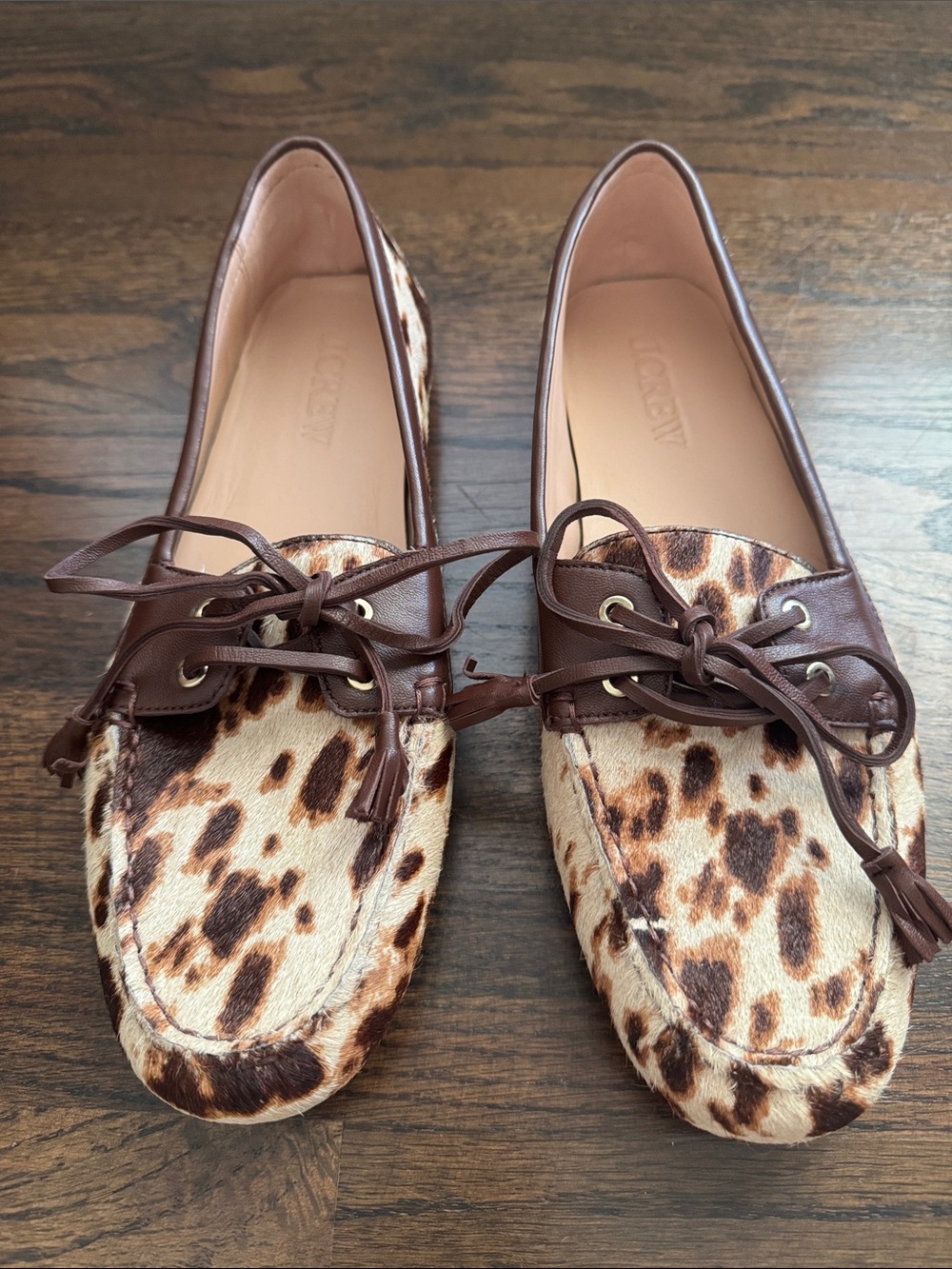 NWOT J Crew Leopard Haircalf Driving Loafers in Brown and Cream